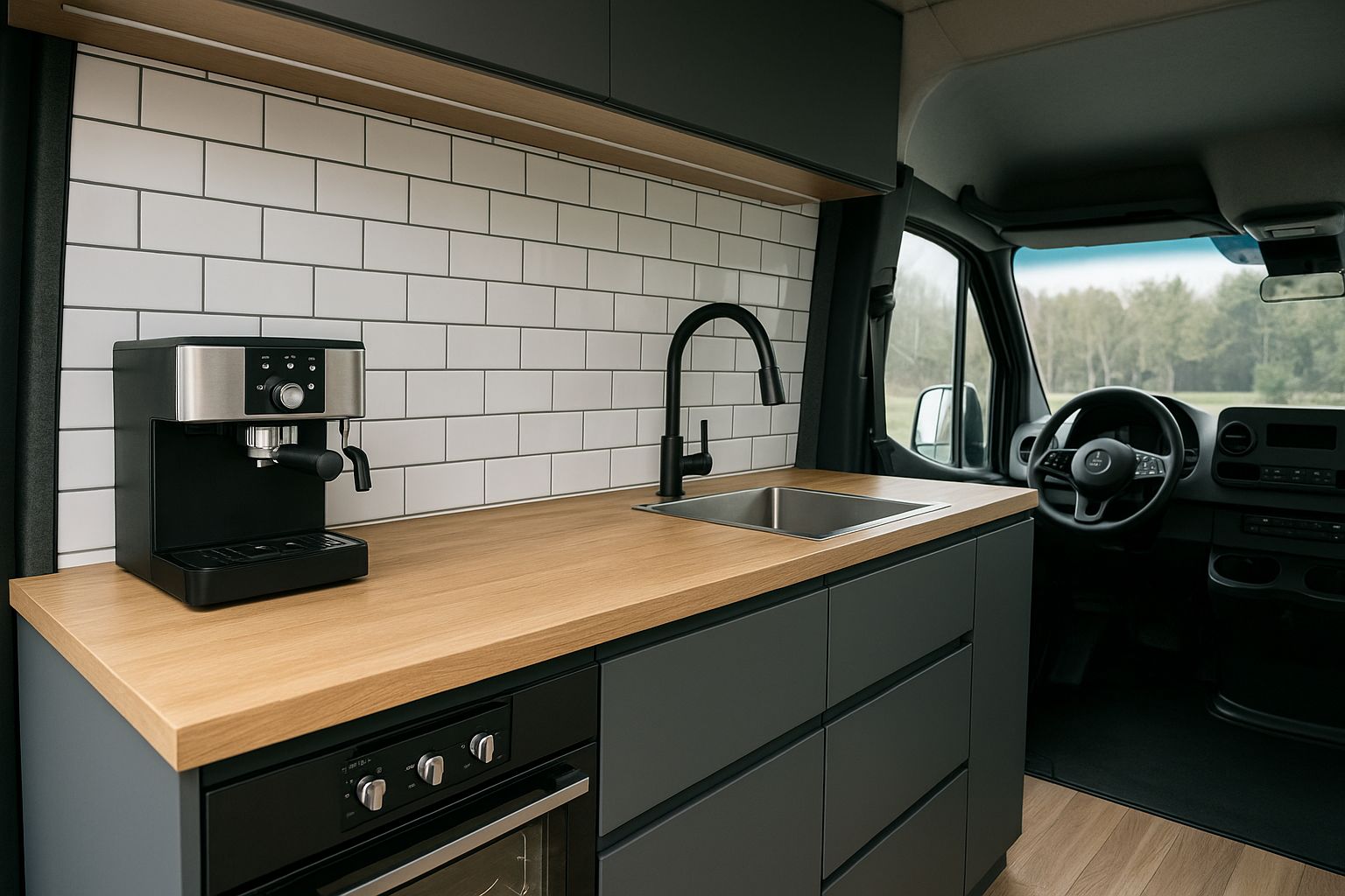 Interieur van een omgebouwde Mercedes Sprinter met cateringkeuken en koffiezetapparaat