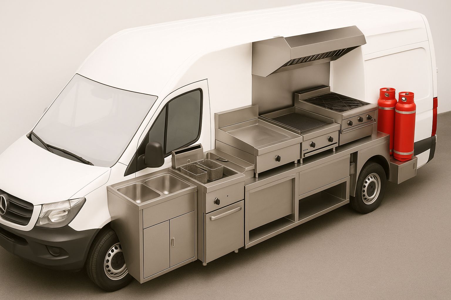 Interieur van een cateringbus met professionele koffiemachine en werkblad.