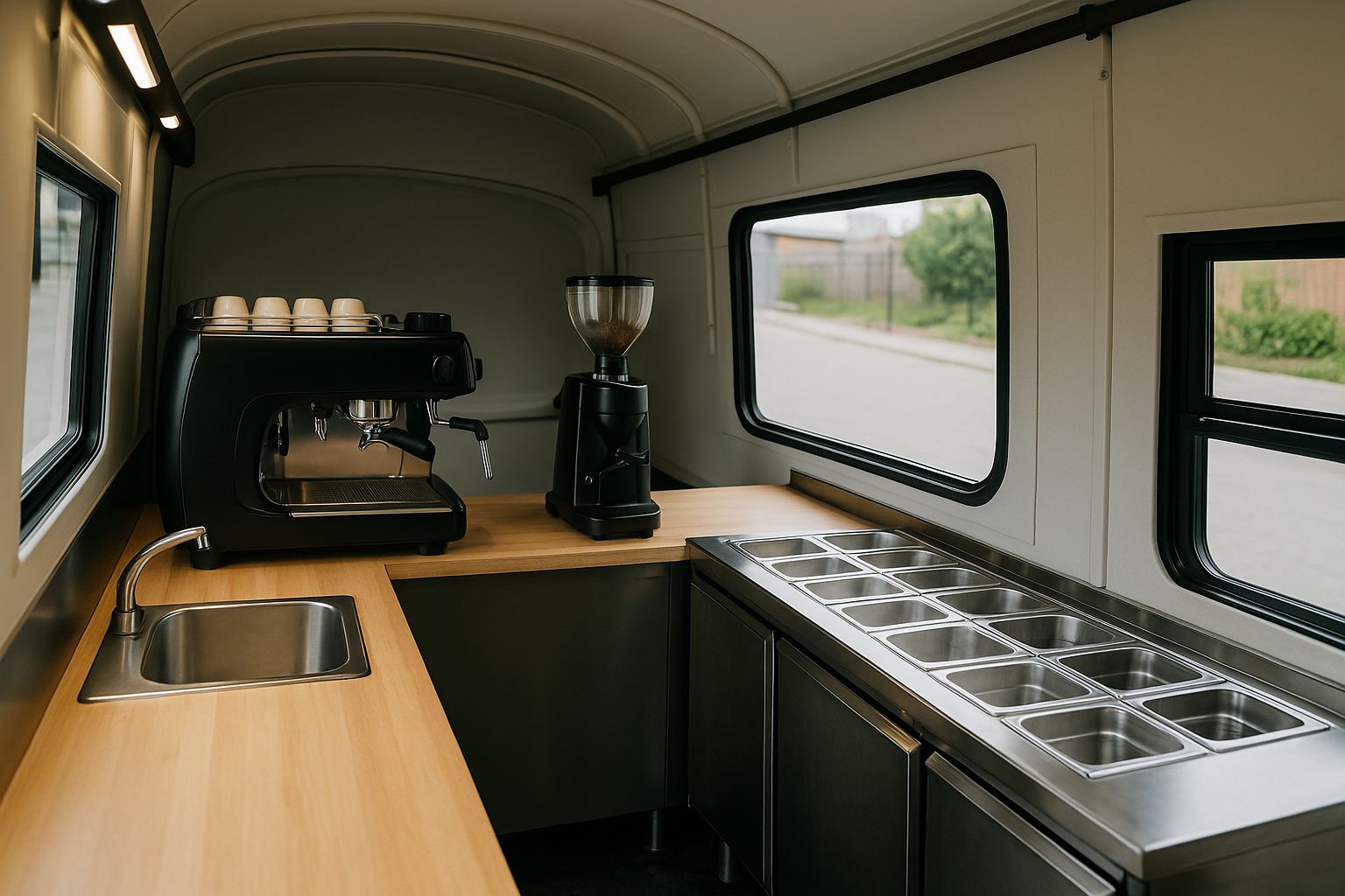 Interieur van een mobiele koffiebar met espressomachine en houten details